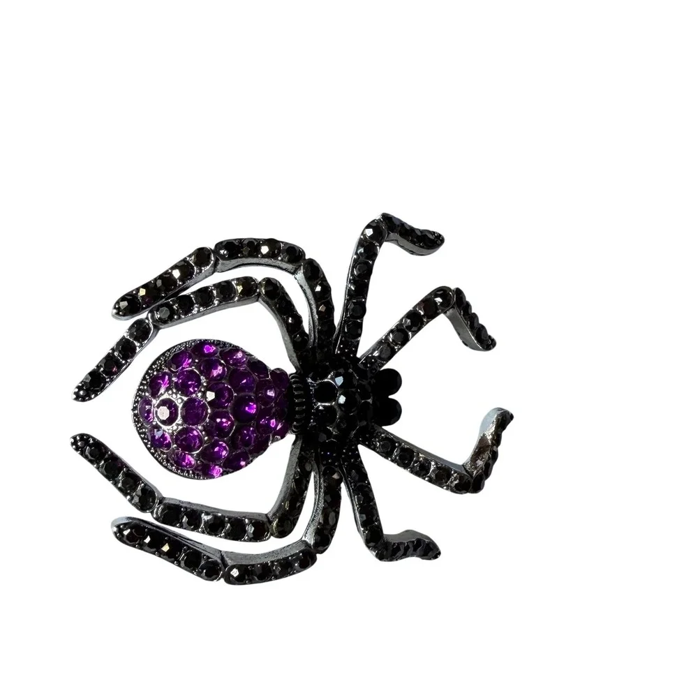 Purple and Black Rhinestone Spider Brooch Silver Tone Gothic Halloween Pin